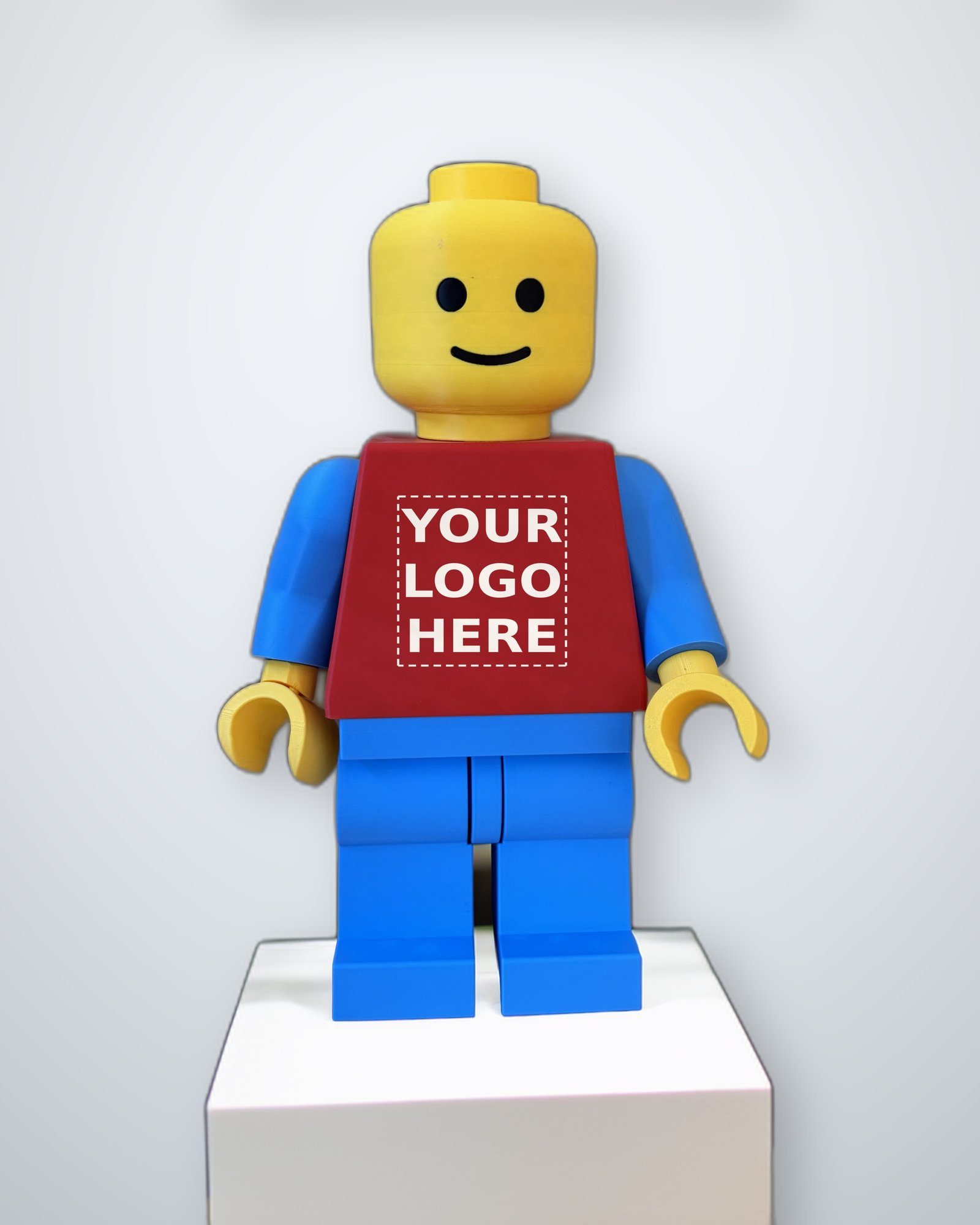 Mega Figure with a blank torso panel marked Your Logo Here, ready for a custom company logo commission