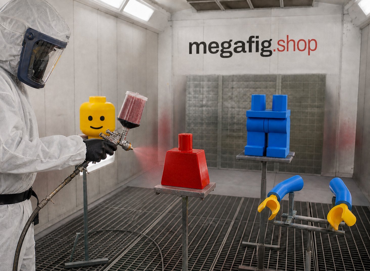 A painter in a respirator hood spraying a Mega Figure torso inside the studio paint booth, with legs, arms and a head hung on stands around it