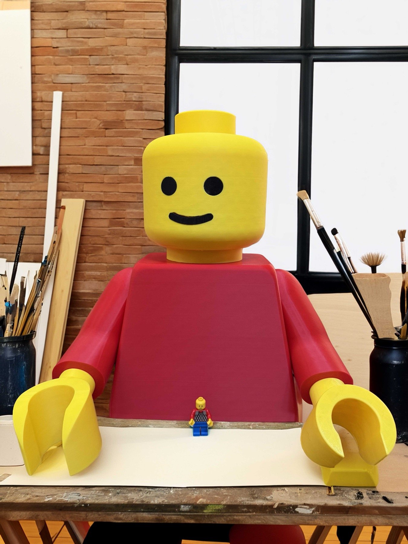 The 24-inch Mega Figure build standing on the studio workbench beside a standard minifigure, showing the difference in size