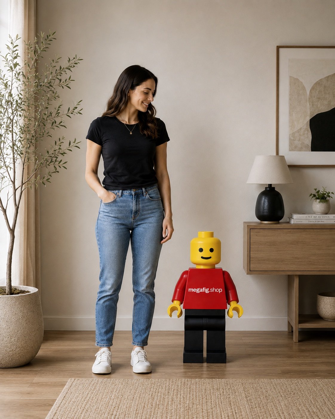 A collectible figure standing on a living-room floor beside an adult, showing its size in a room