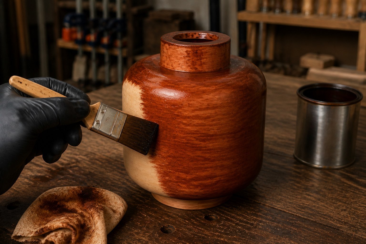 A gloved hand brushing stain onto a wood-filament Mega Figure head in the studio, half raw and half stained a deep red-brown